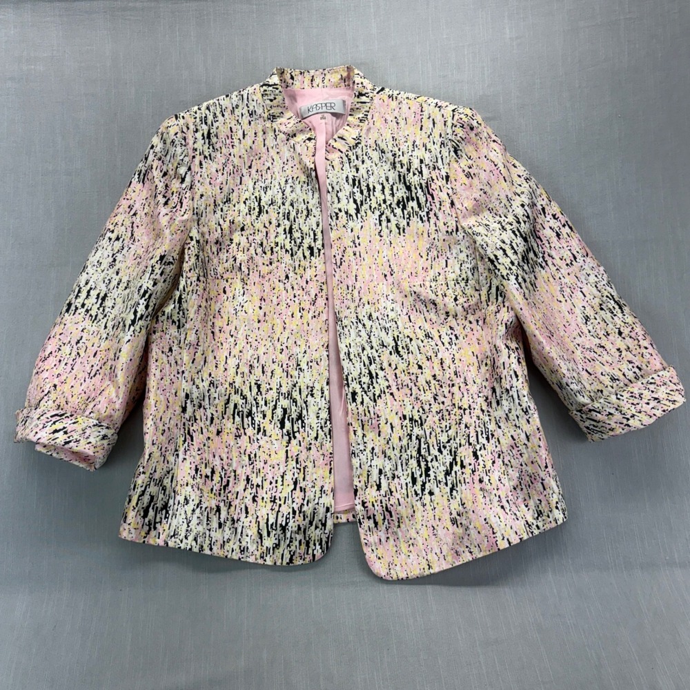 Kasper Blazer Jacket Womens 12 Abstract Pink Yellow Black Ruffle Neck Open Front